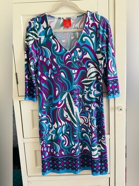 Vibrant Tracy Negoshian Swirl Print V-Neck Dress - Teal, Purple, White
